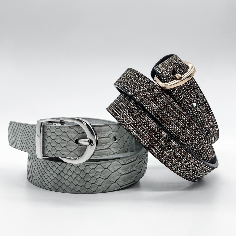 Thin Belt Bundle Gray Silver Faux Snakeskin and‎ Shimmer Belt